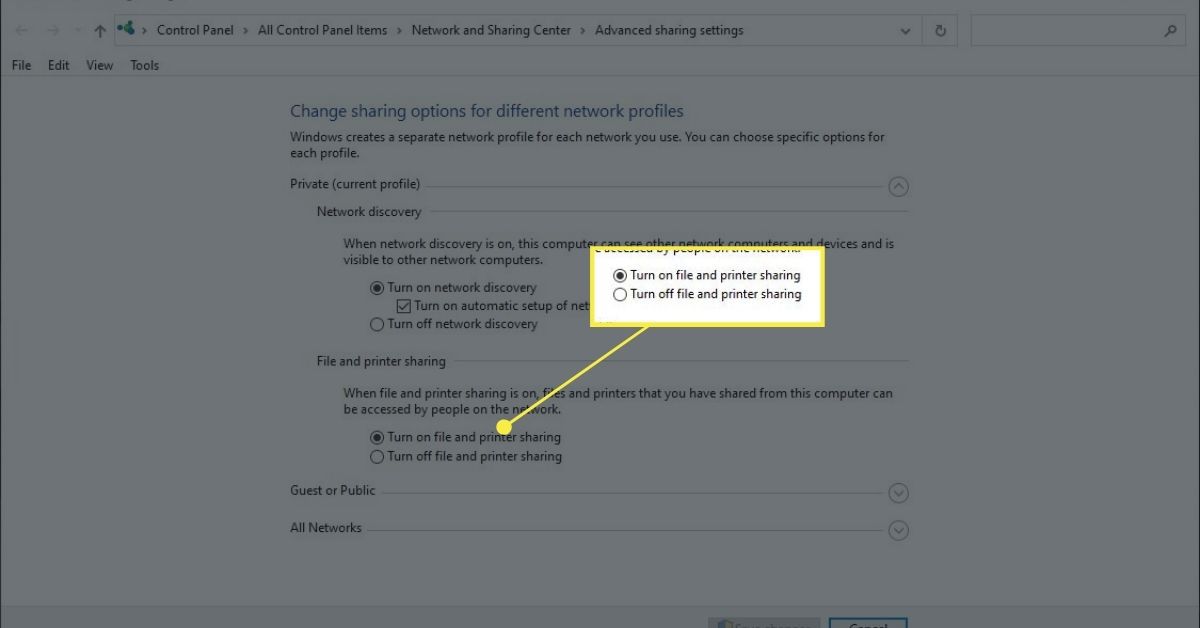 Advanced Sharing Settings in Windows with the "Turn on file and printer sharing" option highlighted