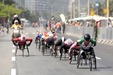 Atheletes during the competition of the Men's Marathon - T54 at Fort Copacabana on day 11 of the Rio 2016 Paralympic Games at on September 18, 2016 in Rio de Janeiro, Brazil. 