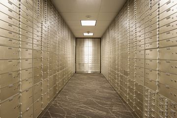 Empty bank vault with safety deposit boxes