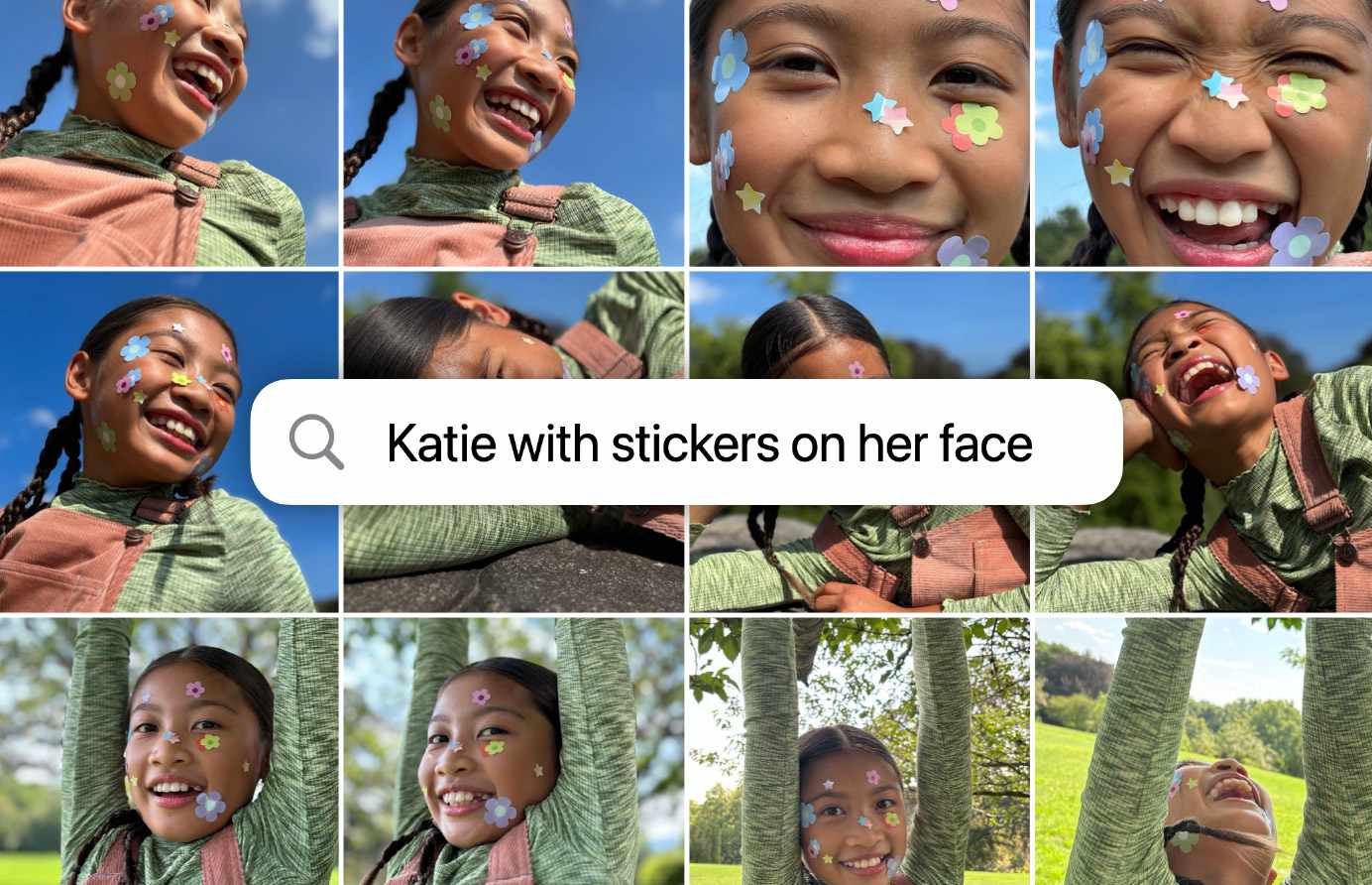 Screenshot of a grid of pictures of a person with stickers on their face. 