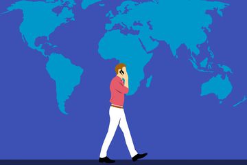 Illustration of man on mobile phone in front of world map