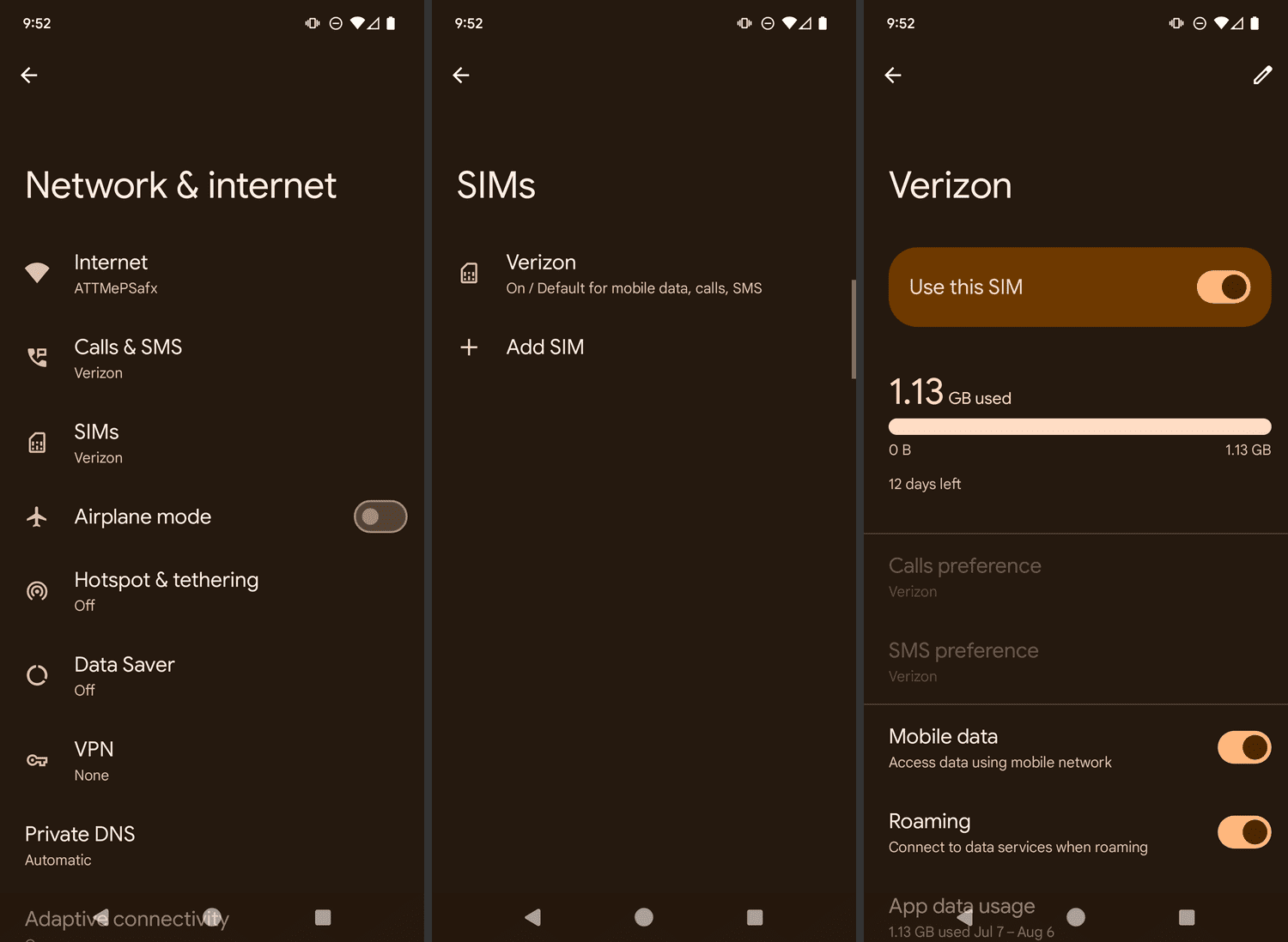 Verizon data usage on a Pixel phone