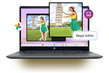 A Chromebook Plus with Google's Magic Editor displayed on the screen.