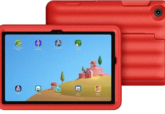 The Samsung Galaxy Tab A9+ Kids Edition tablet with a red puffy cover. 